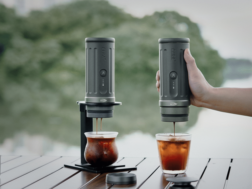 A person using a portable espresso machine on a table with a calming nature scene in the background